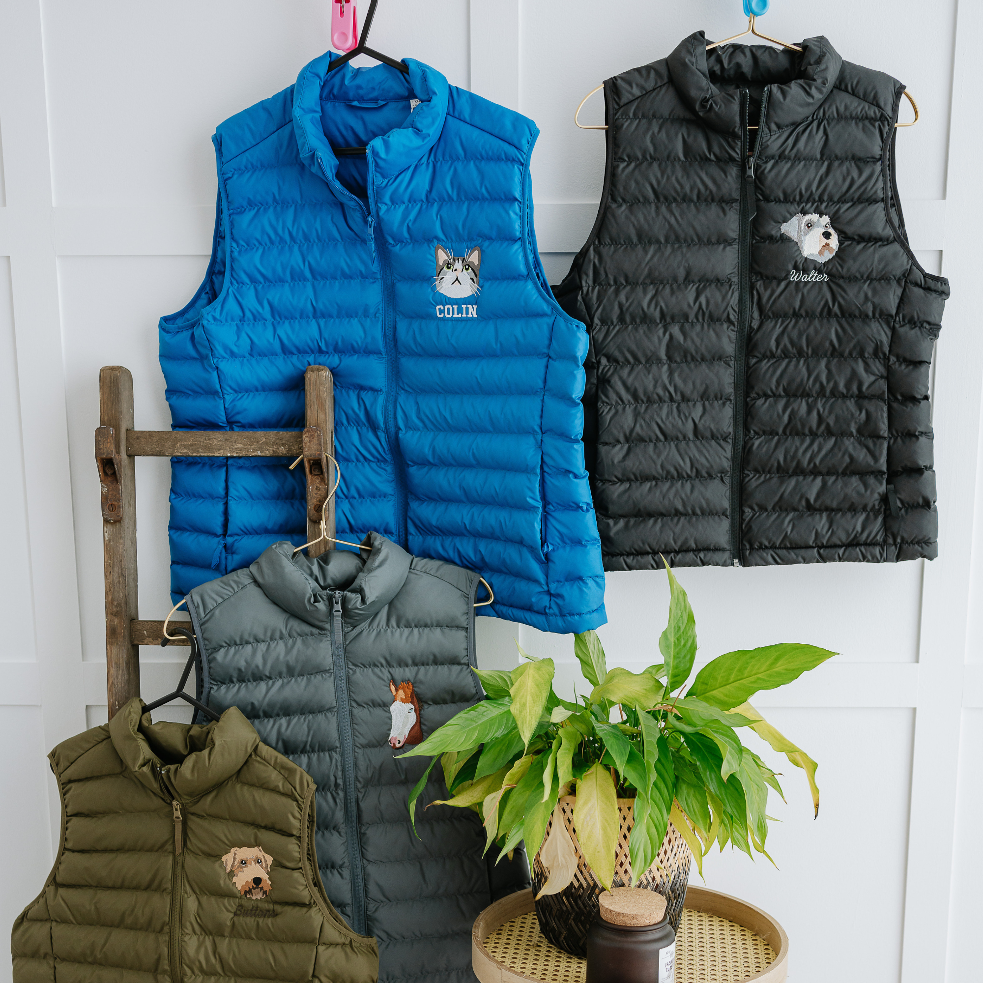 a custom embroidered dog walking gilet bodywarmer featuring a hand-drawn pet portrait, the perfect personalised pet gift for a dog mum