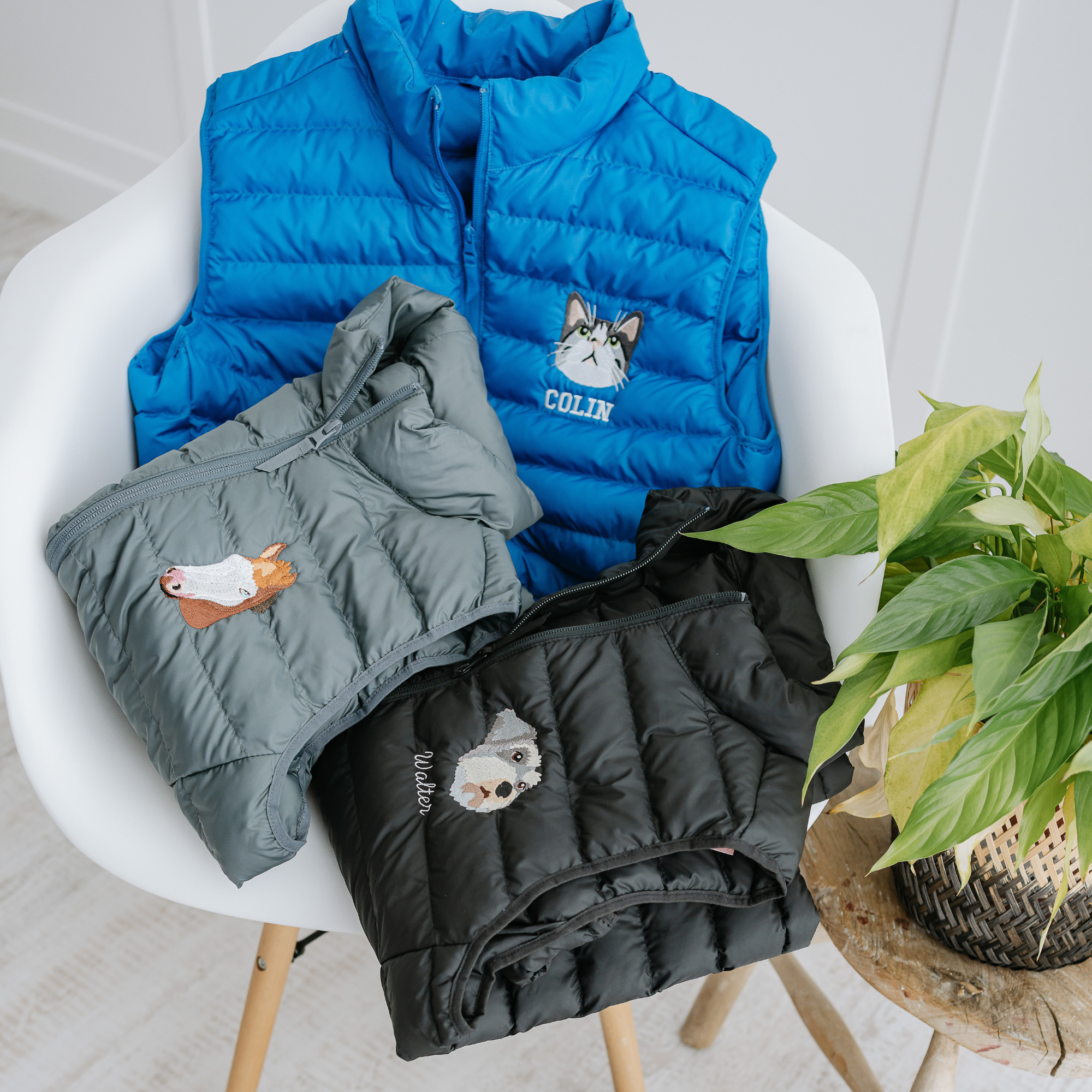 a custom embroidered dog walking gilet bodywarmer featuring a hand-drawn pet portrait, the perfect personalised pet gift for a dog mum