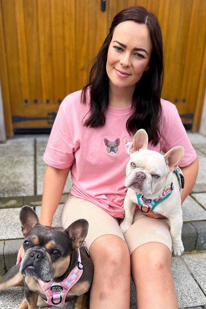 a custom embroidered organic cotton t shirt featuring a hand-drawn pet portrait, the perfect personalised pet gift for a dog mum