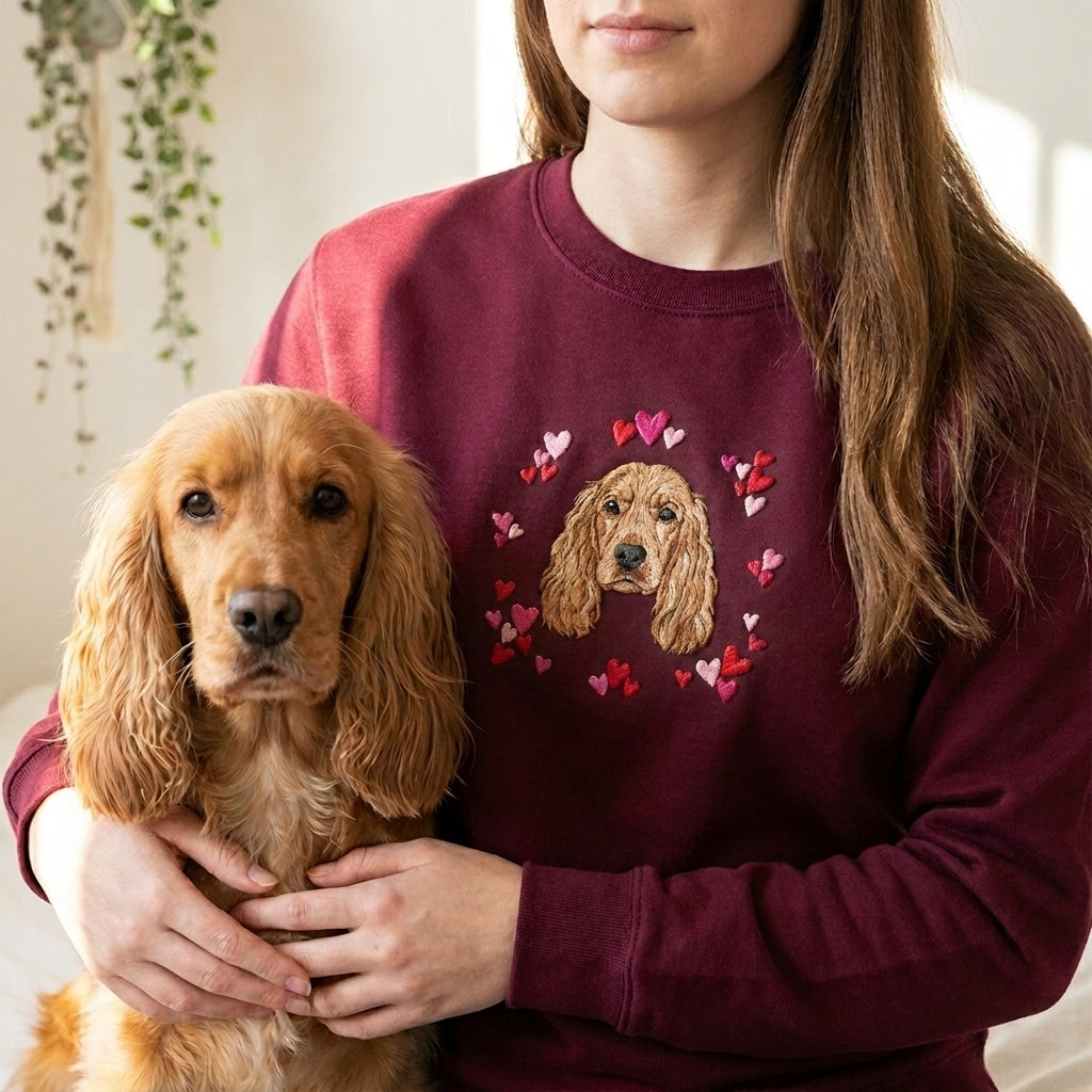 Custom Embroidered Pet Portrait Hearts Organic Sweatshirt