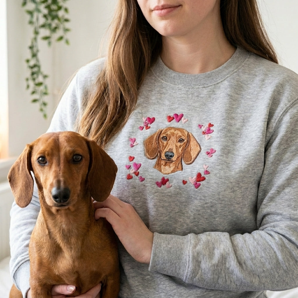 Custom Embroidered Pet Portrait Hearts Organic Sweatshirt