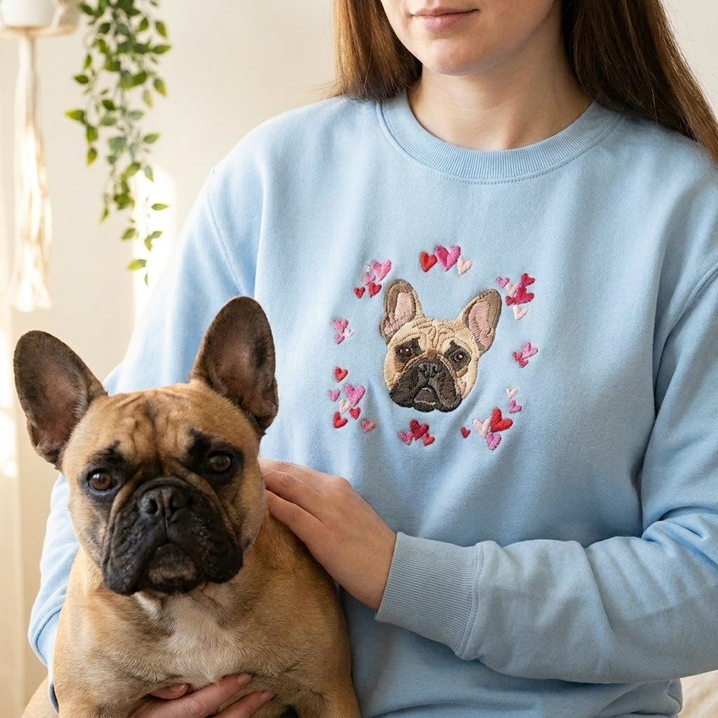 Custom Embroidered Pet Portrait Hearts Organic Sweatshirt