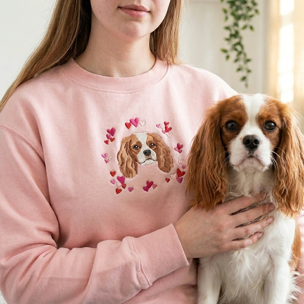 Custom Embroidered Pet Portrait Hearts Organic Sweatshirt