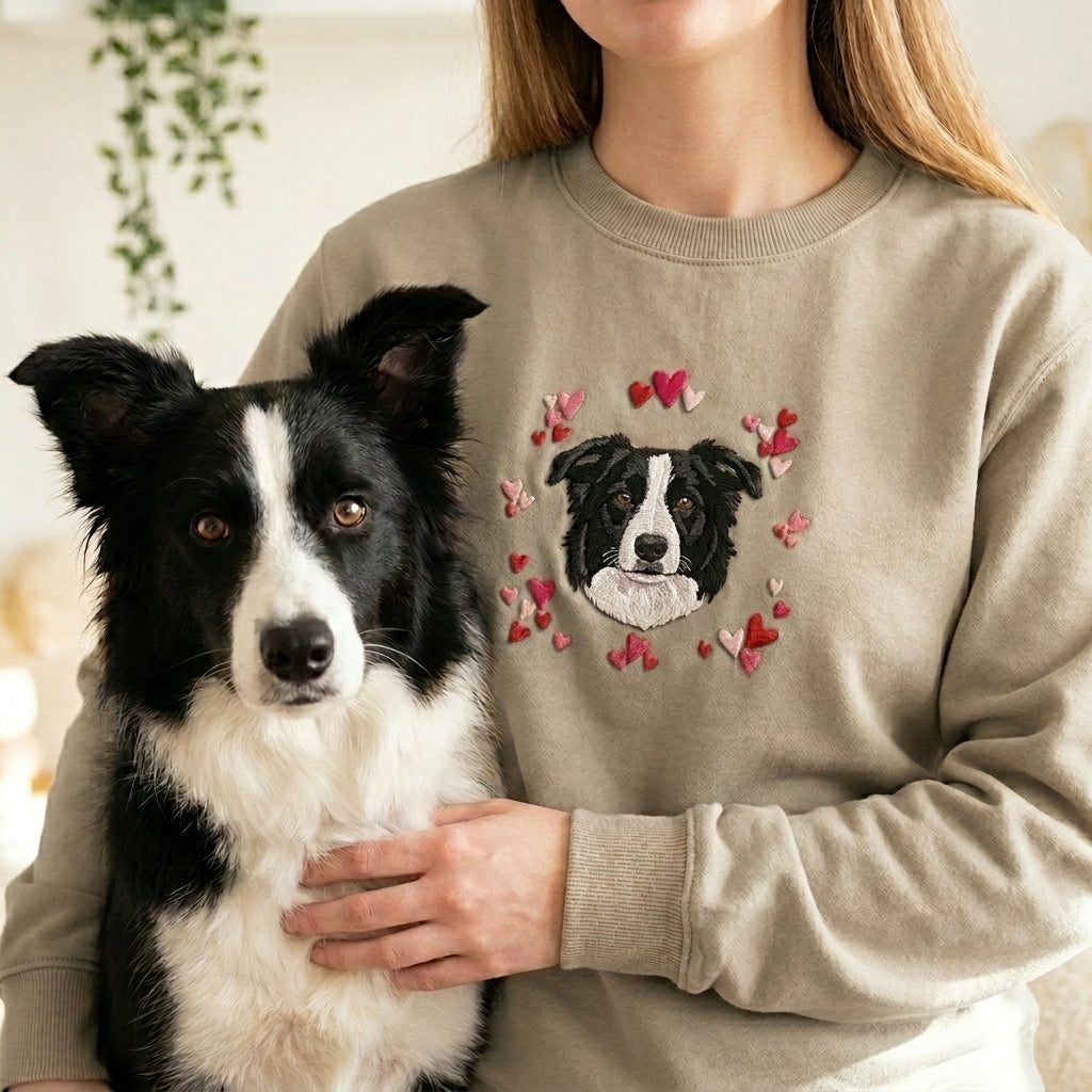 Custom Embroidered Pet Portrait Hearts Organic Sweatshirt