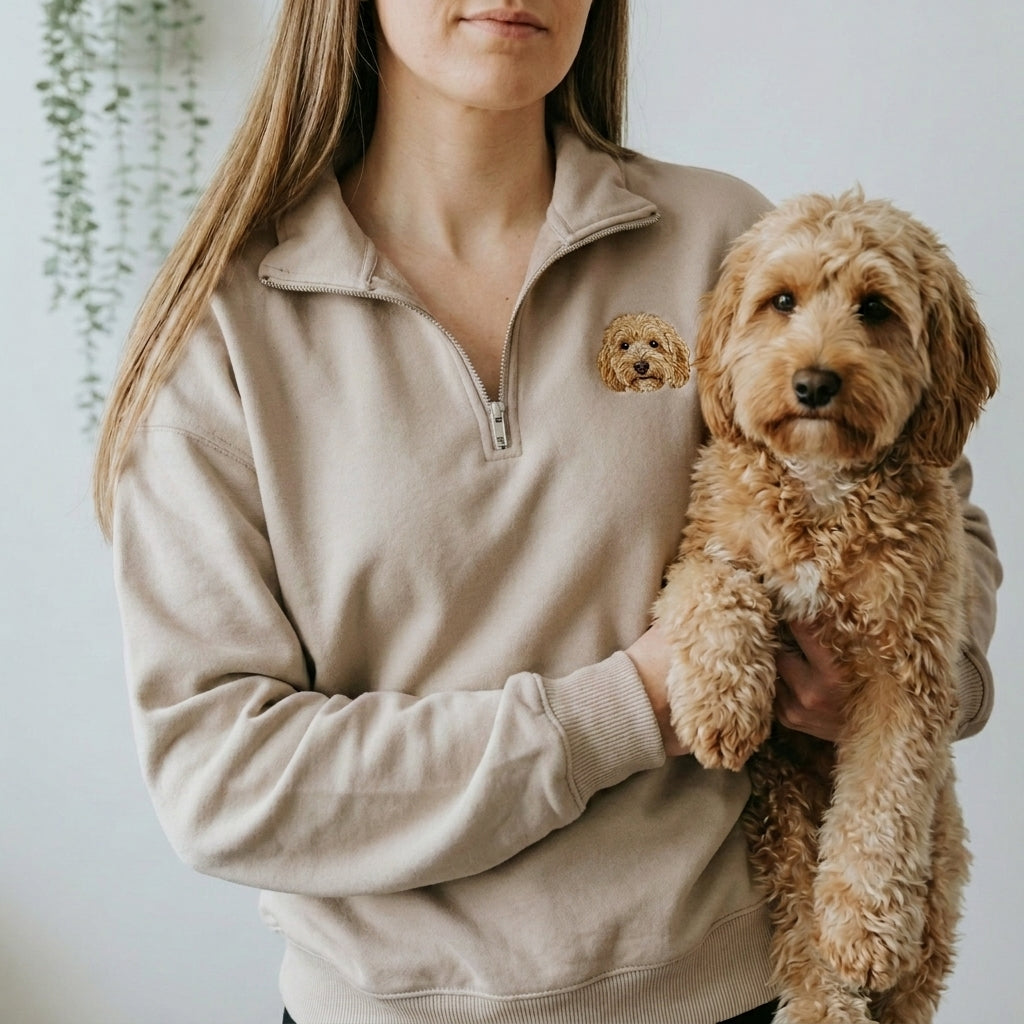 Custom Embroidered Pet Portrait Organic Quarter Zip Sweatshirt
