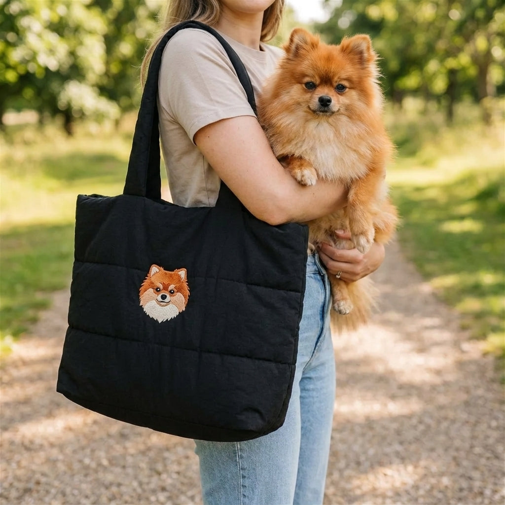 Custom Pet Quilted Tote Bag with Embroidered Portrait