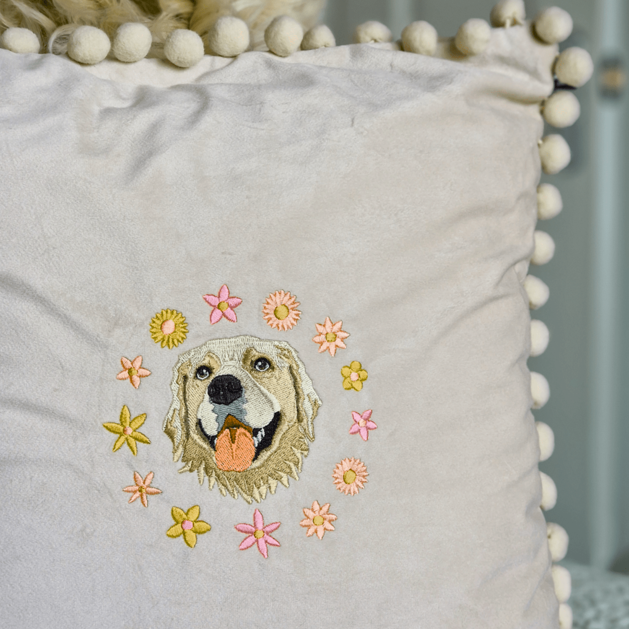 Embroidered Pet Portrait Velvet Pom Pom Cushion