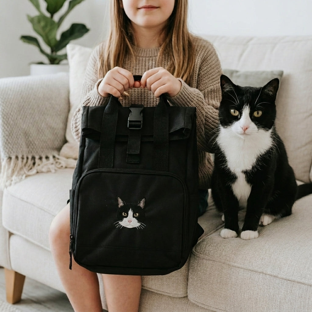 Custom Embroidered Pet Portrait Mini Rolltop Recycled Backpack