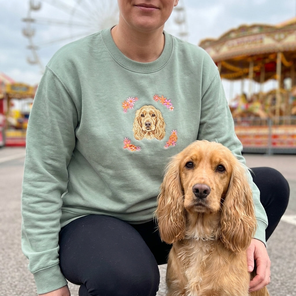 Custom Embroidered Pet Portrait Spring Flowers Organic Sweatshirt