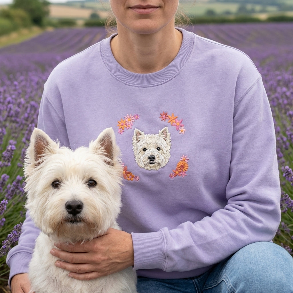 Custom Embroidered Pet Portrait Spring Flowers Organic Sweatshirt