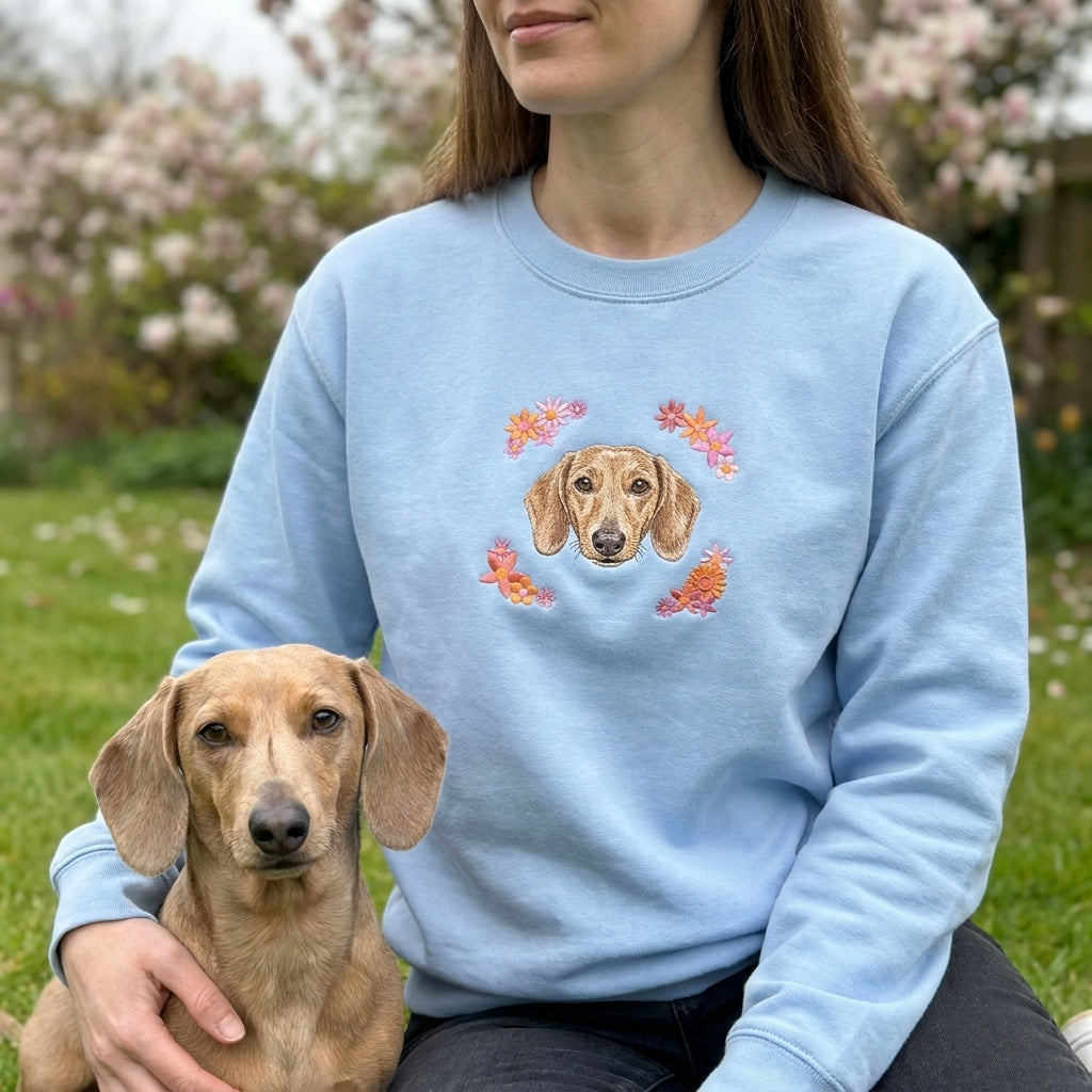 Custom Embroidered Pet Portrait Spring Flowers Organic Sweatshirt