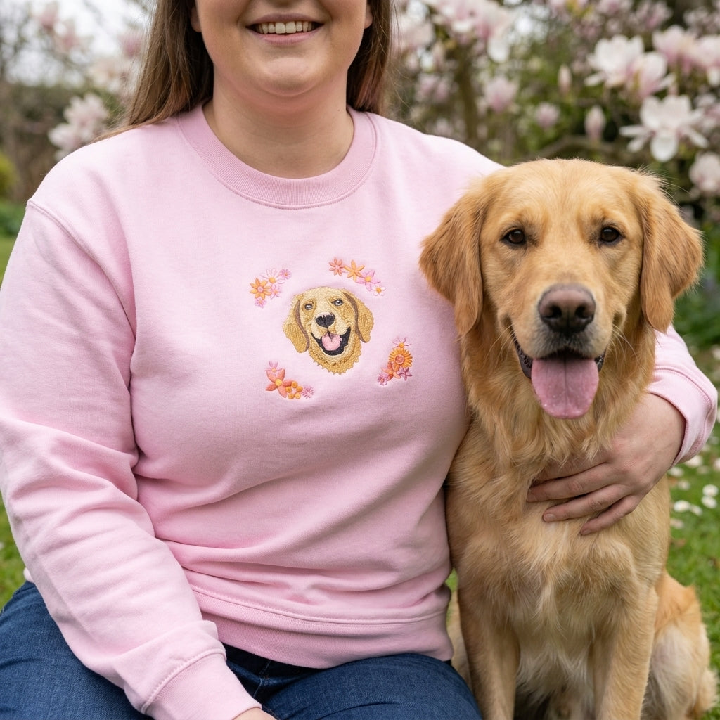 Custom Embroidered Pet Portrait Spring Flowers Organic Sweatshirt