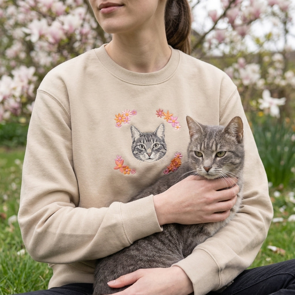 Custom Embroidered Pet Portrait Spring Flowers Organic Sweatshirt