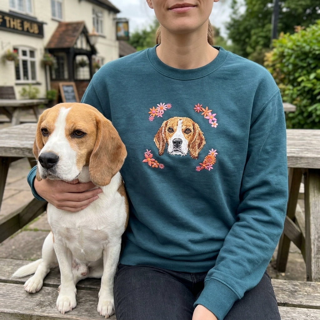 Custom Embroidered Pet Portrait Spring Flowers Organic Sweatshirt