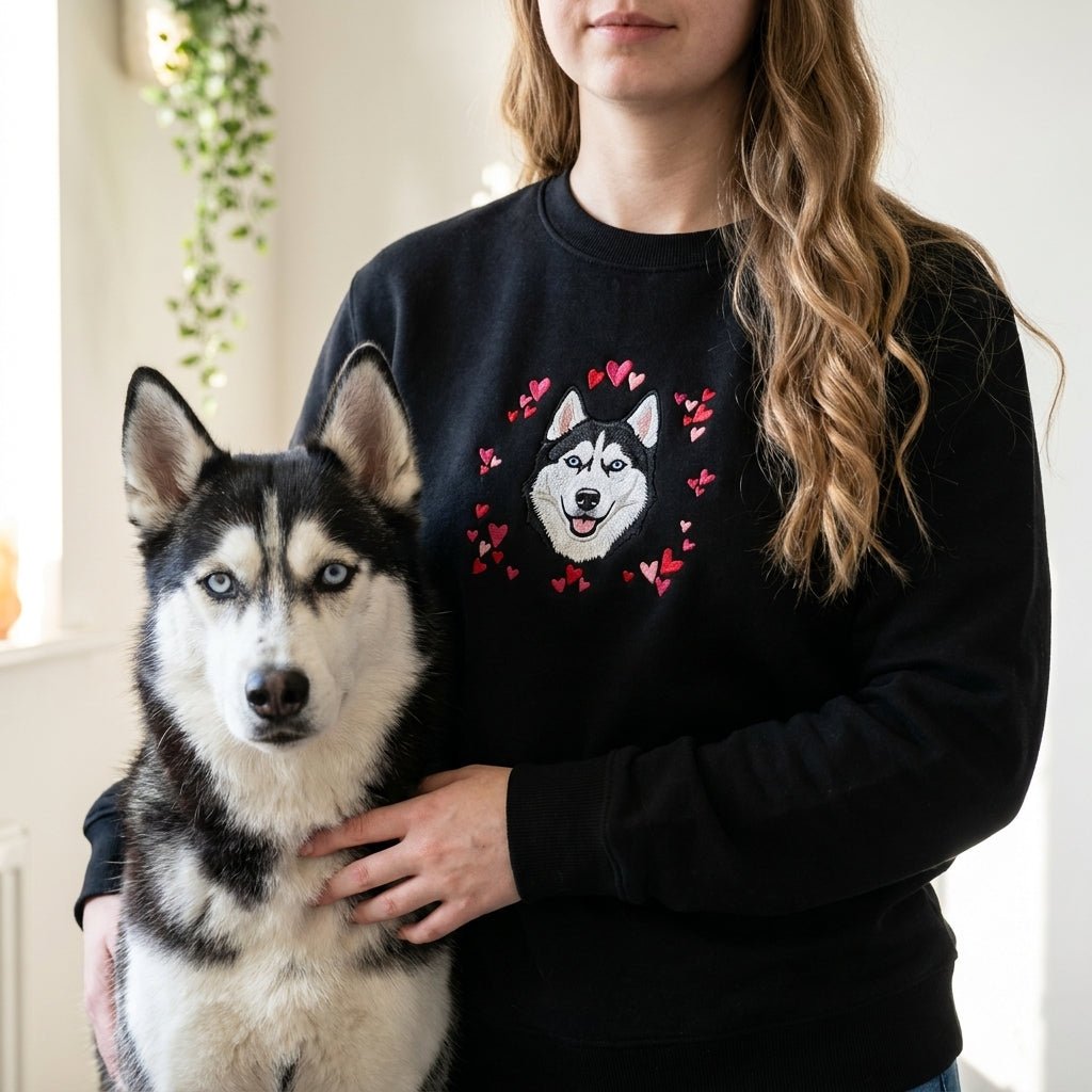 Custom Embroidered Pet Portrait Hearts Organic Sweatshirt - Lucy and Lola Shop