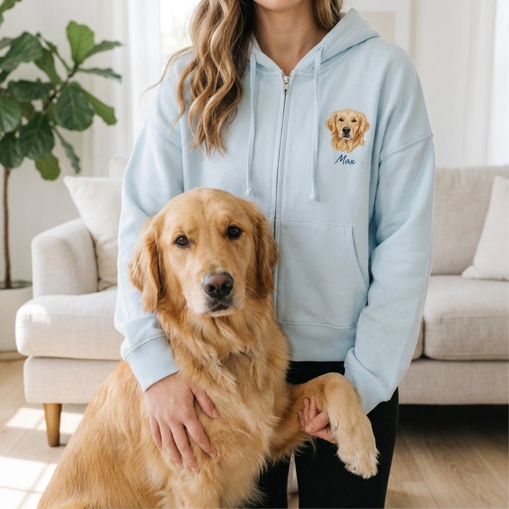 Custom Embroidered Pet Portrait Organic Crop Zip up Women's Hoodie Sweatshirt - Lucy and Lola Shop