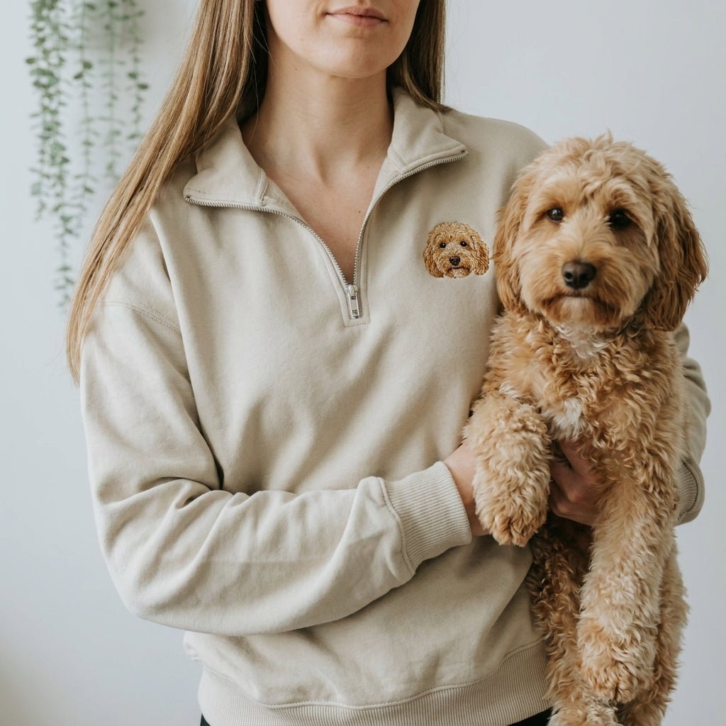 Custom Embroidered Pet Portrait Organic Quarter Zip Sweatshirt - Lucy and Lola Shop