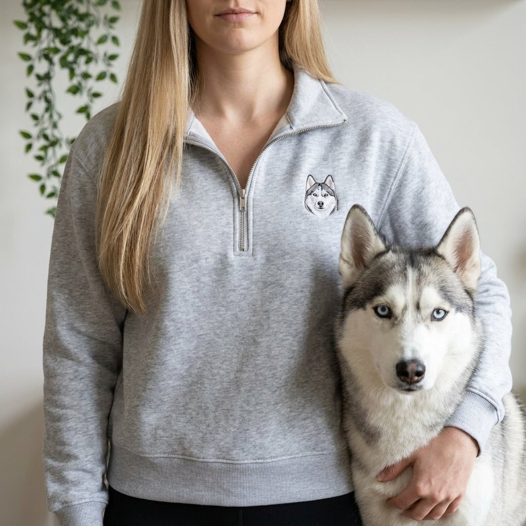 Custom Embroidered Pet Portrait Organic Quarter Zip Sweatshirt - Lucy and Lola Shop