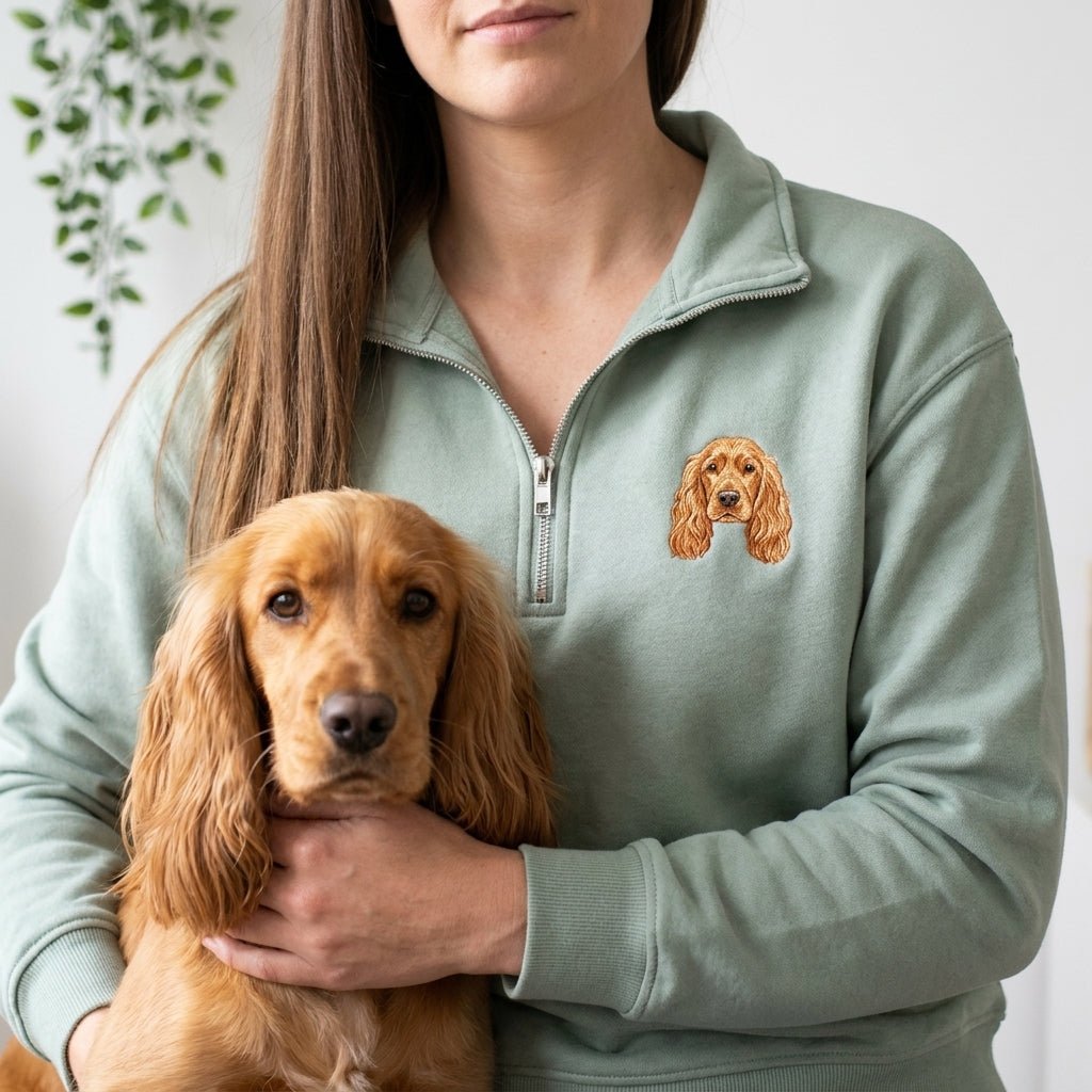 Custom Embroidered Pet Portrait Organic Quarter Zip Sweatshirt - Lucy and Lola Shop