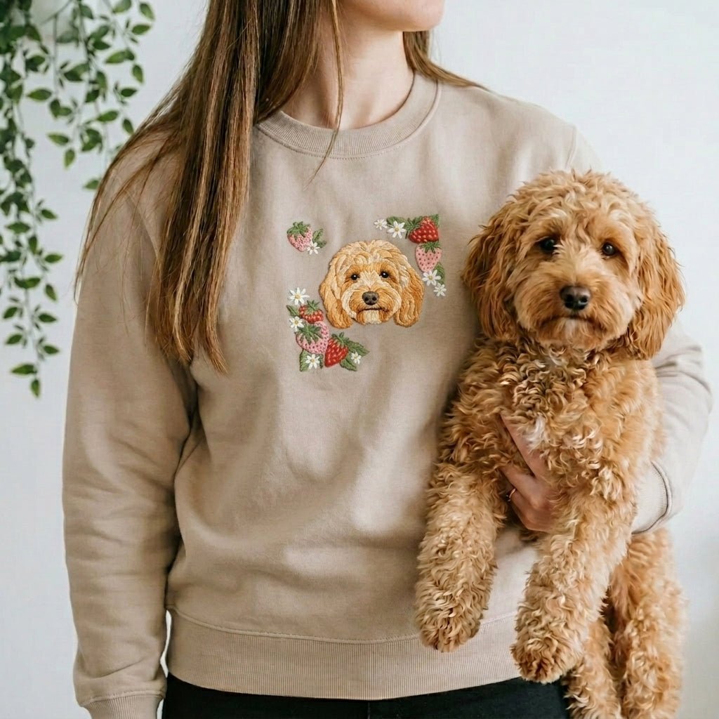 Custom Embroidered Pet Portrait Organic Strawberry Sweatshirt - Lucy and Lola Shop