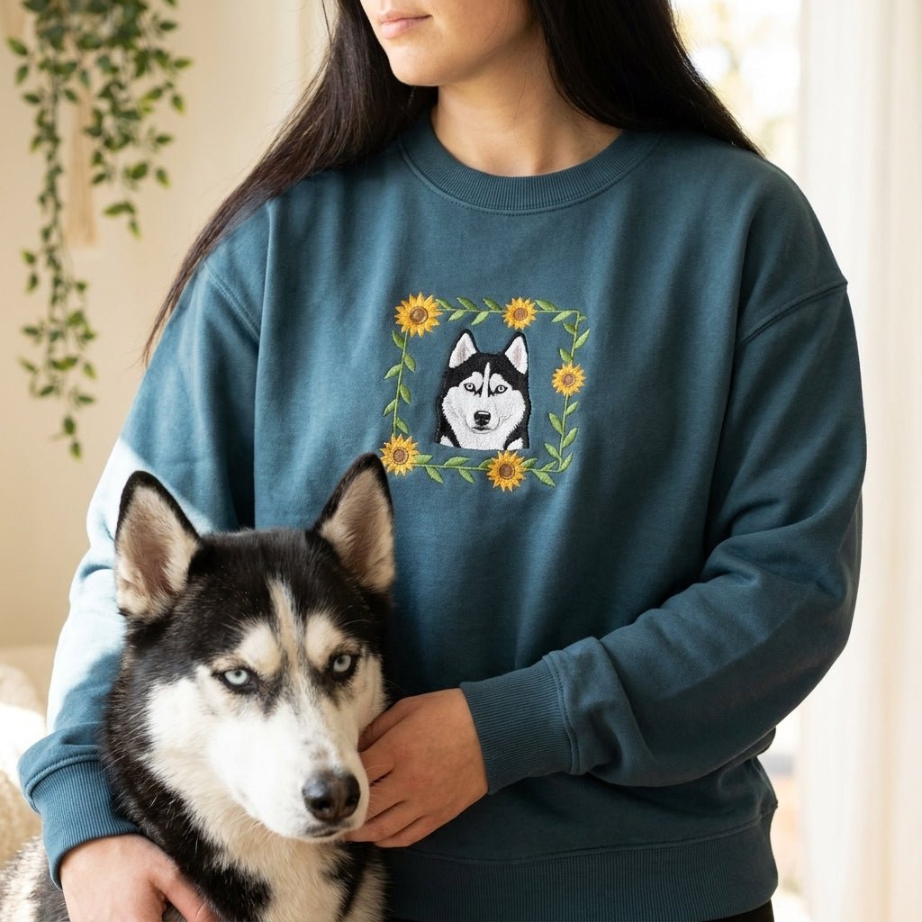 Custom Embroidered Pet Portrait Organic Sunflower Sweatshirt - Lucy and Lola Shop