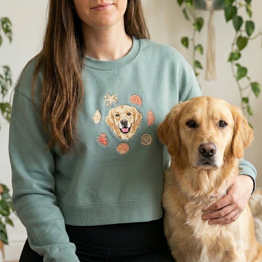 Custom Embroidered Pet Portrait Shells Organic Crop Sweatshirt - Lucy and Lola Shop