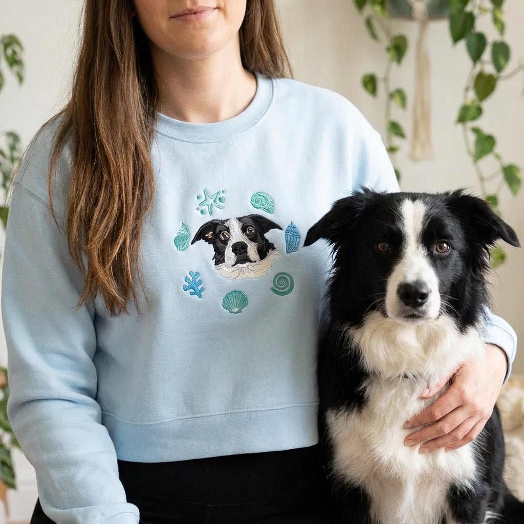 Custom Embroidered Pet Portrait Shells Organic Crop Sweatshirt - Lucy and Lola Shop
