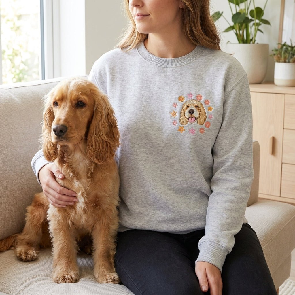 Custom Embroidered Pet Portrait Spring Flowers Organic Sweatshirt - Lucy and Lola Shop