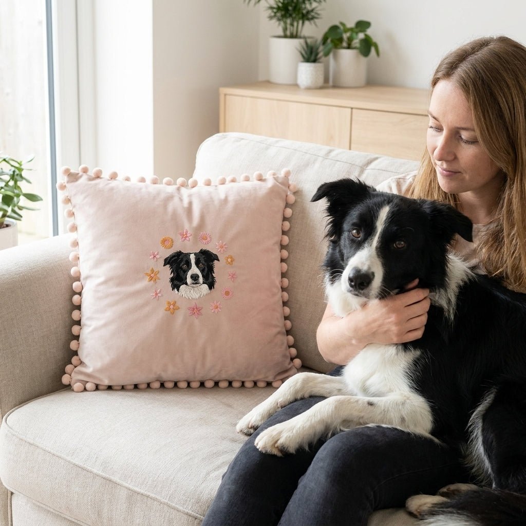 Custom Embroidered Pet Portrait Velvet Pom Pom Cushion - Lucy and Lola Shop