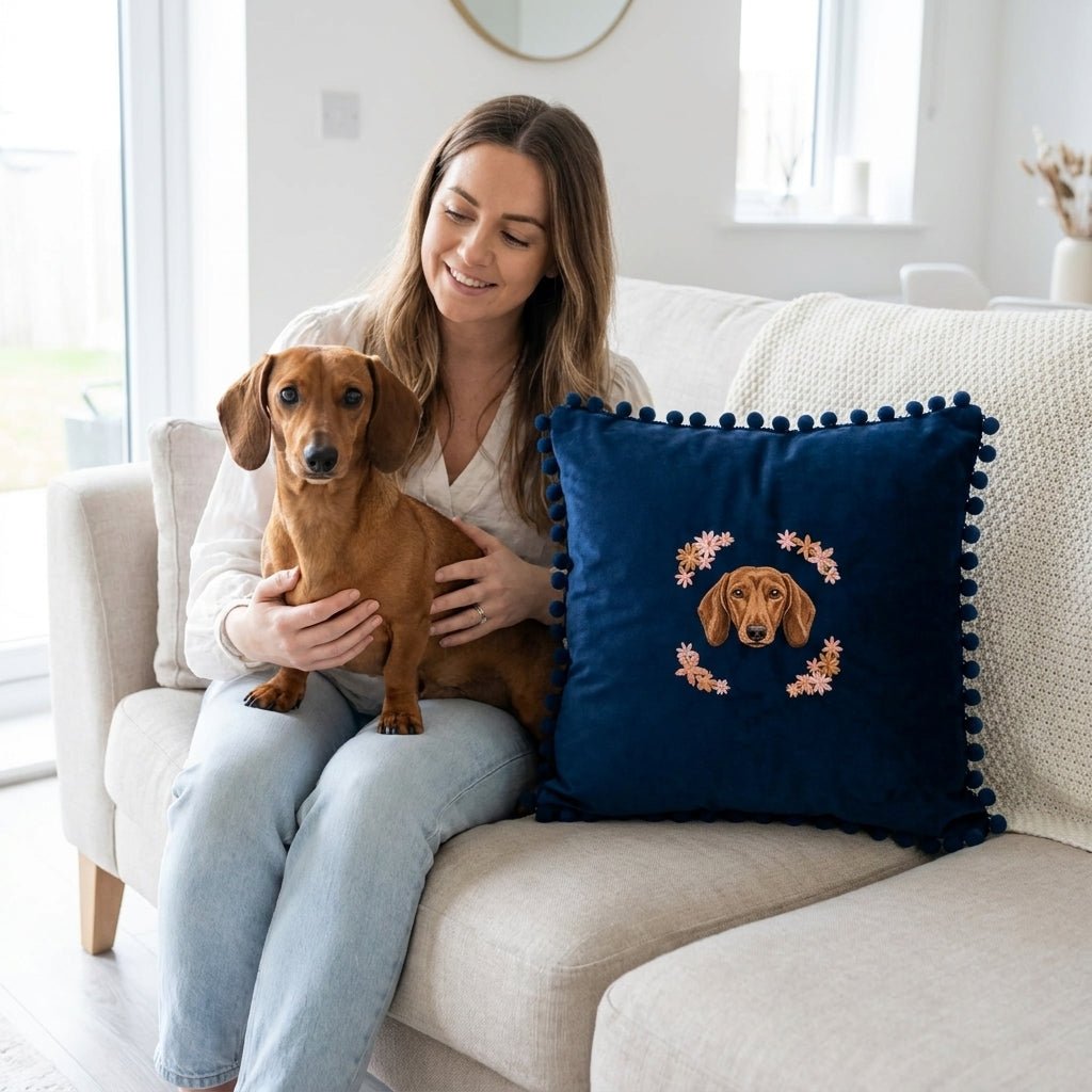 Custom Embroidered Pet Portrait Velvet Pom Pom Cushion - Lucy and Lola Shop