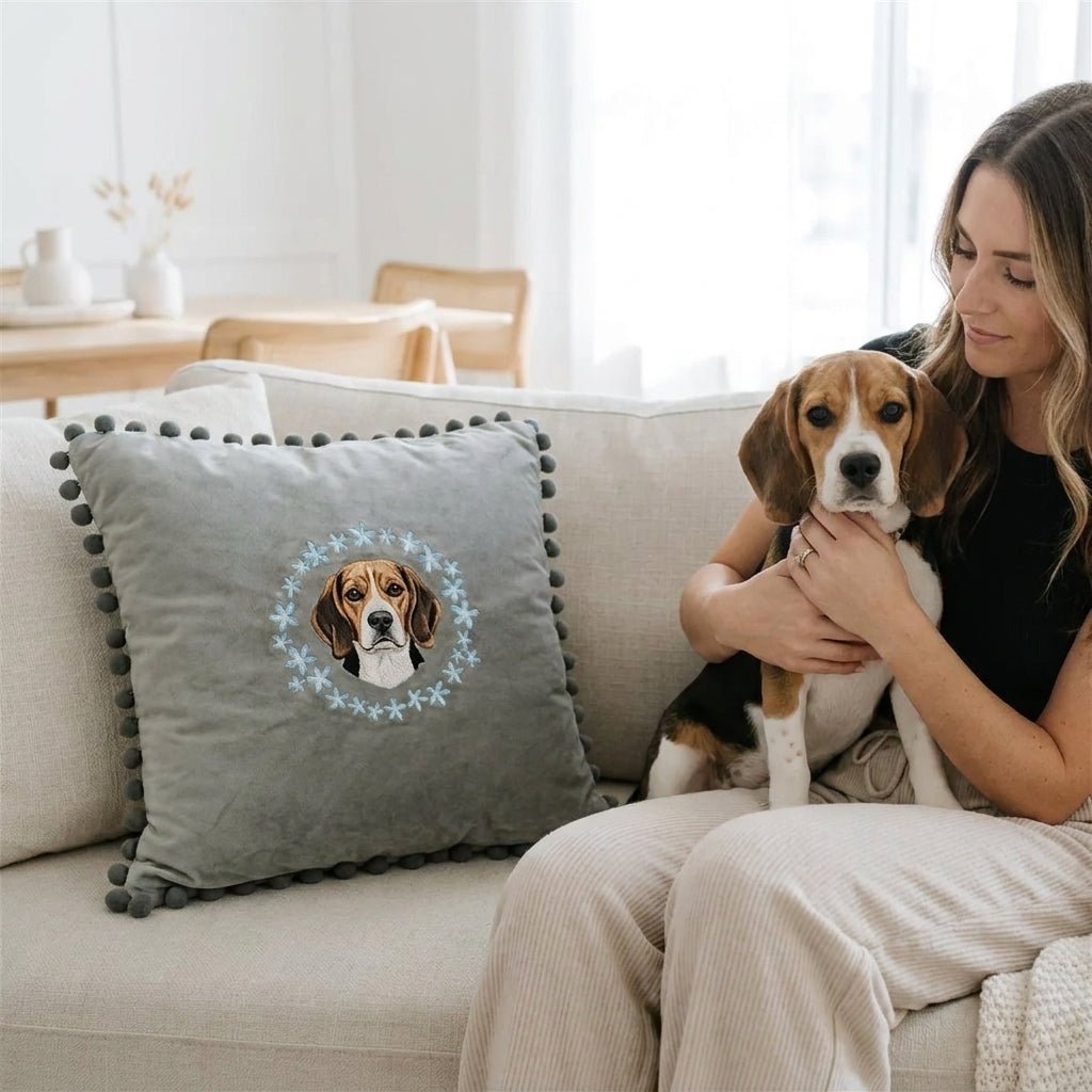 Custom Embroidered Pet Portrait Velvet Pom Pom Cushion - Lucy and Lola Shop