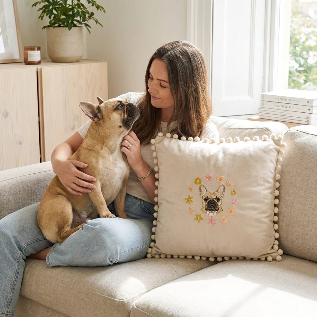 Custom Embroidered Pet Portrait Velvet Pom Pom Cushion - Lucy and Lola Shop