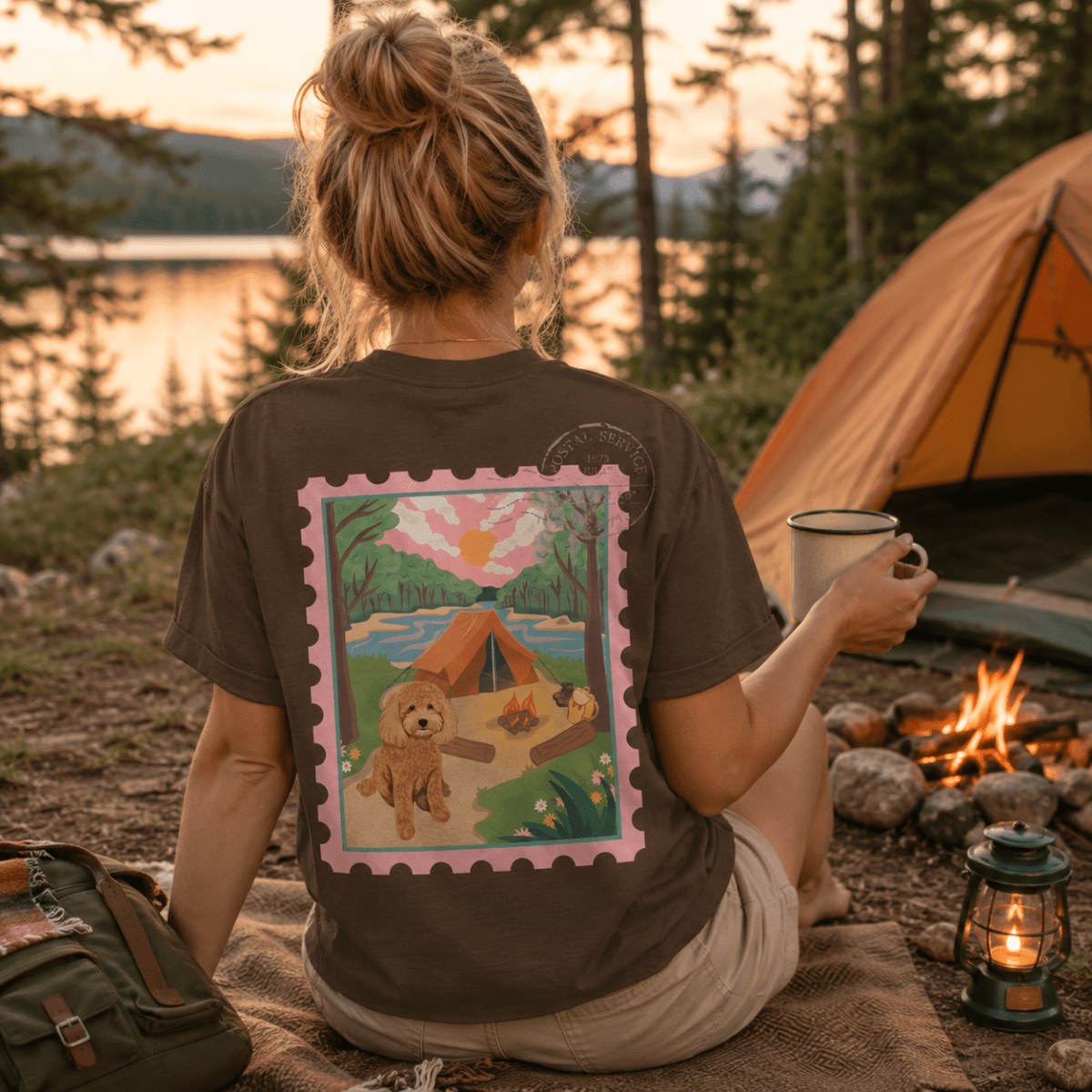 Custom Pet Portrait Postcard Style Printed Camping T-shirt - Lucy and Lola Shop