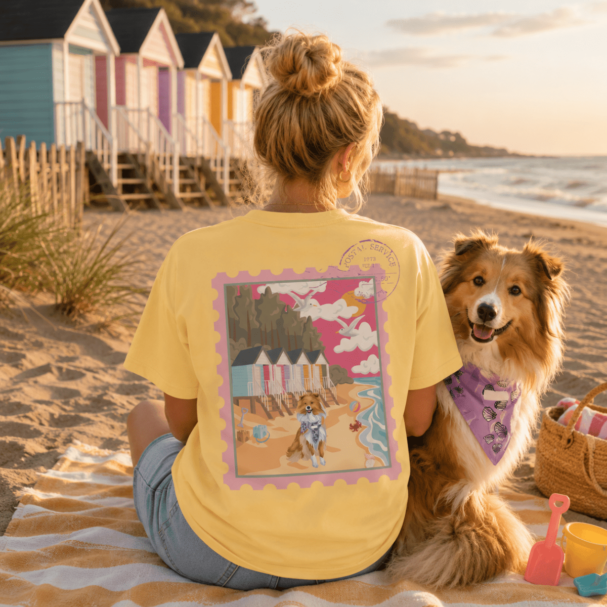 Custom Postcard Style Pet Portrait Printed Beach T-shirt - Lucy and Lola Shop