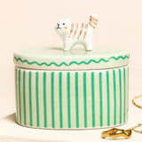 Green Oval Ceramic Cat Trinket Pot