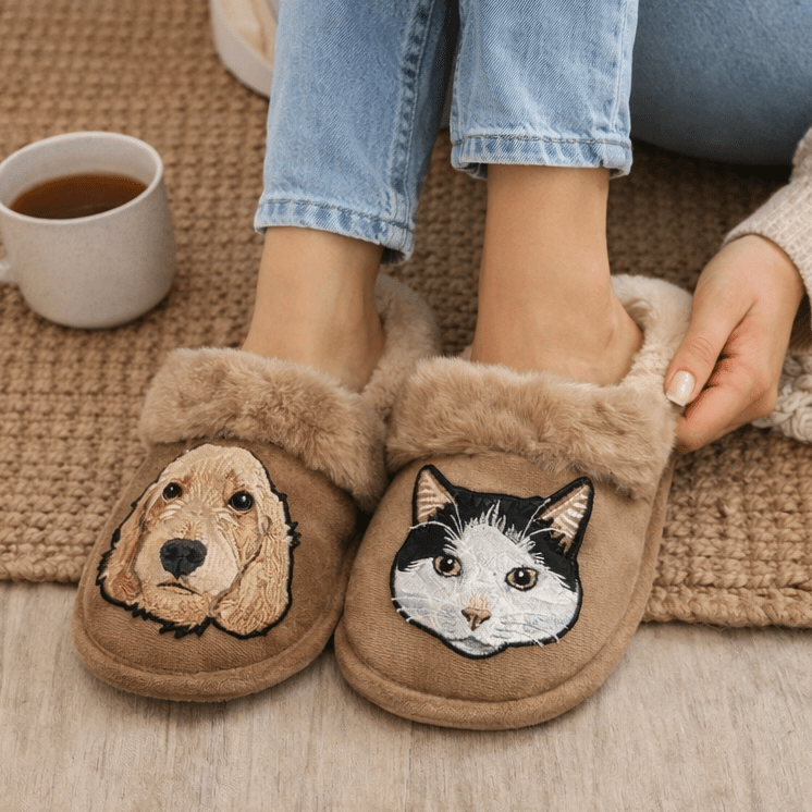 Embroidered Pet Portrait Fluffy Slippers - Lucy and Lola Shop