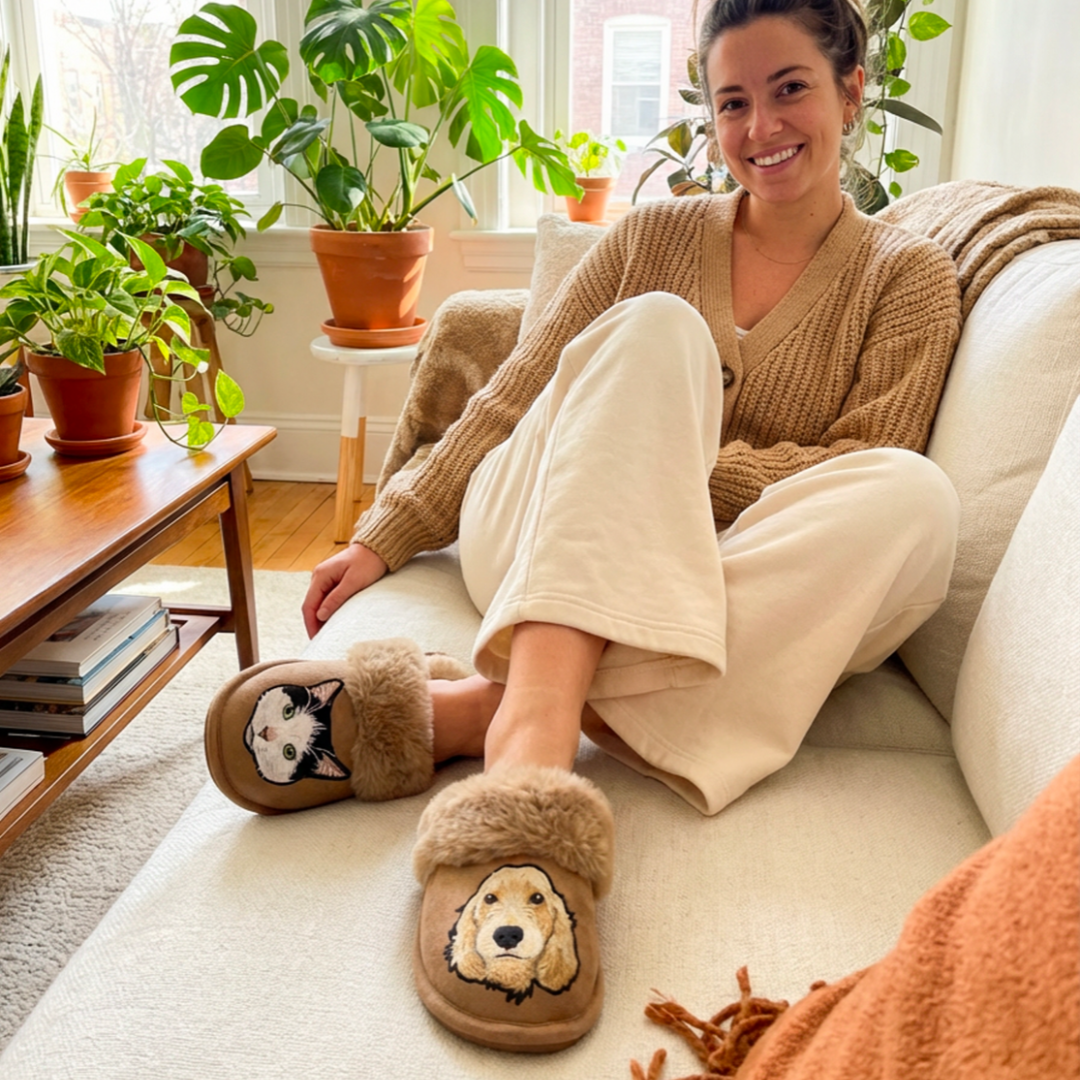 Embroidered Pet Portrait Fluffy Slippers - Lucy and Lola Shop
