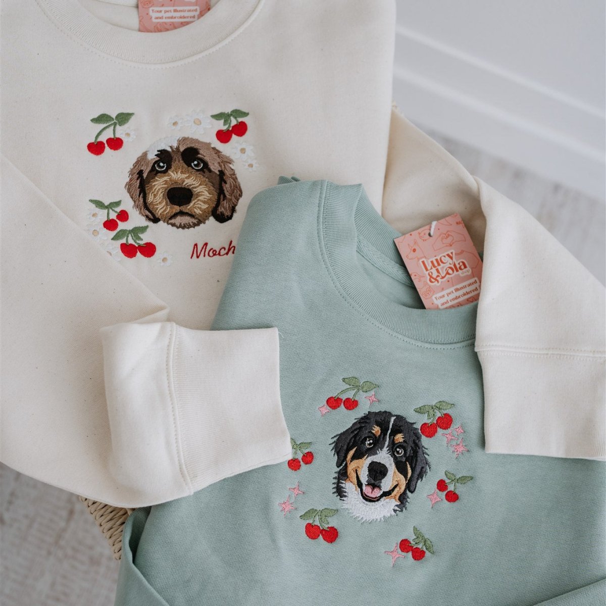 Embroidered Pet Portrait Organic Cherry Sweatshirt - Lucy and Lola Shop