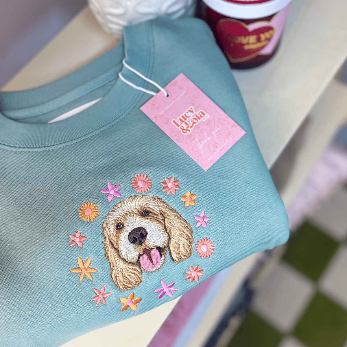 Embroidered Pet Portrait Spring Flowers Organic Sweatshirt - Lucy and Lola Shop