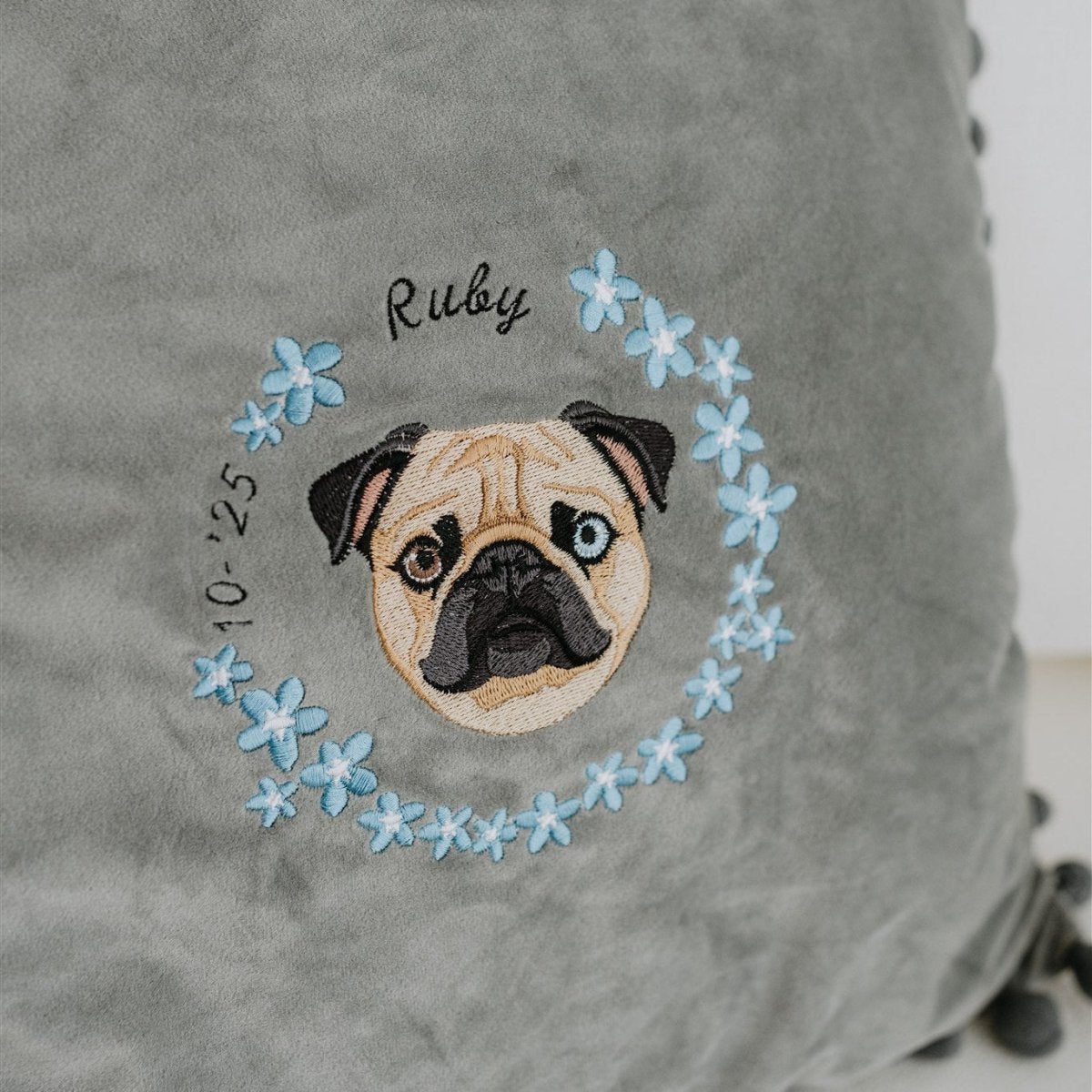 Embroidered Pet Portrait Velvet Pom Pom Cushion - Lucy and Lola Shop