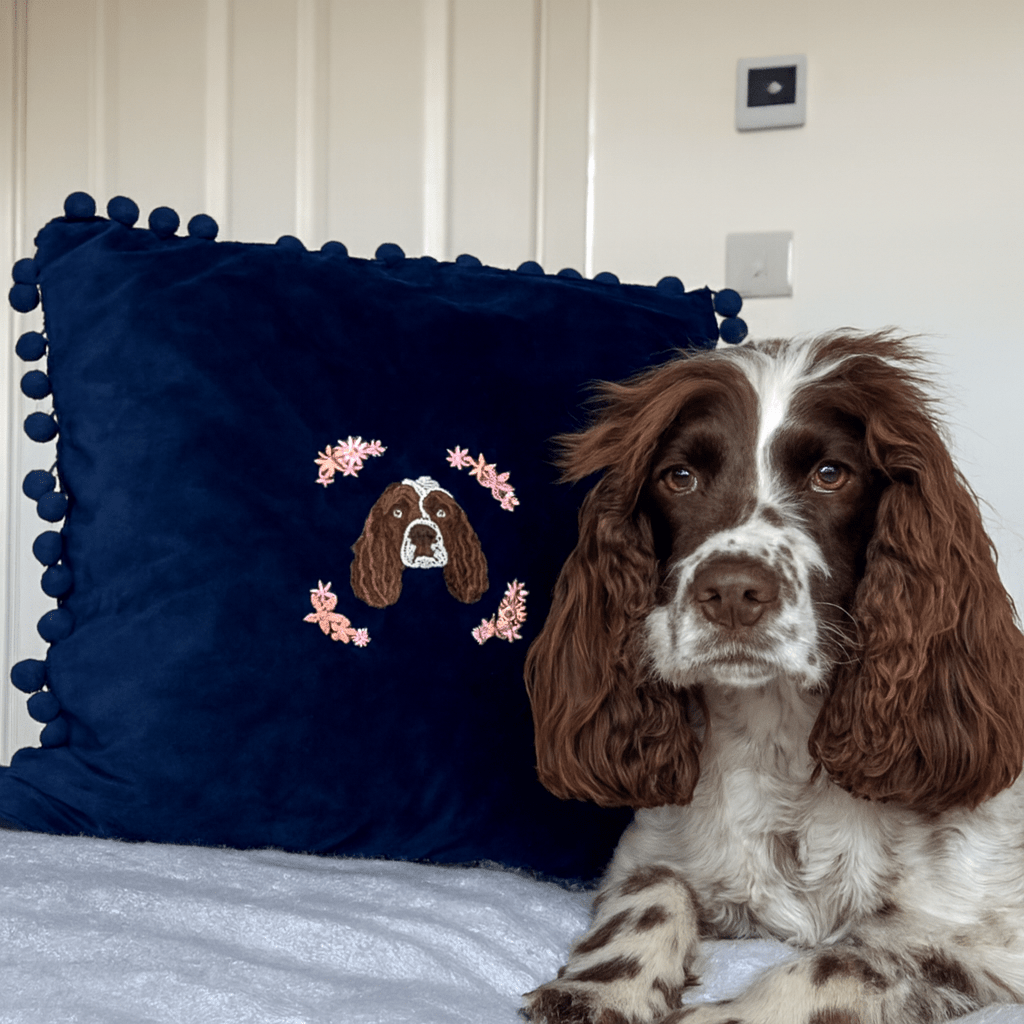Embroidered Pet Portrait Velvet Pom Pom Cushion - Lucy and Lola Shop