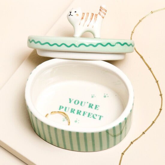 Green Oval Ceramic Cat Trinket Pot - Lucy and Lola Shop