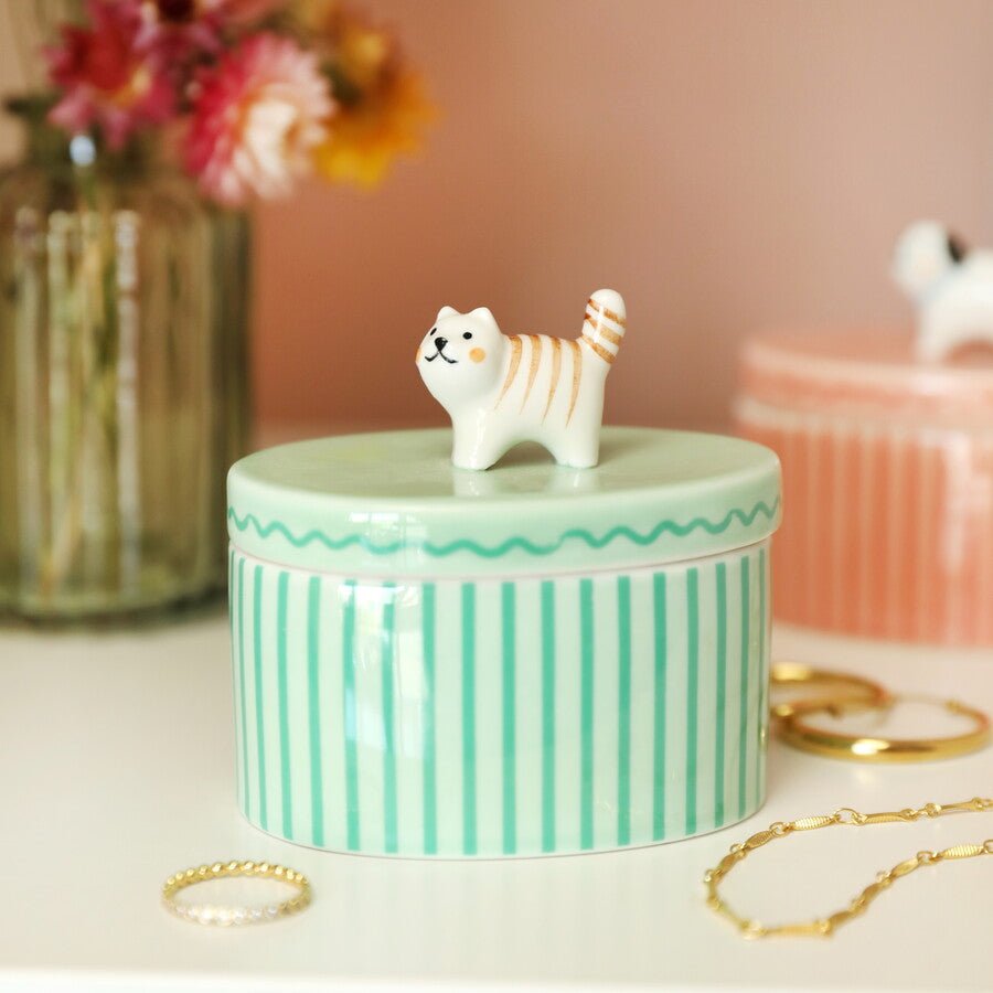 Green Oval Ceramic Cat Trinket Pot - Lucy and Lola Shop