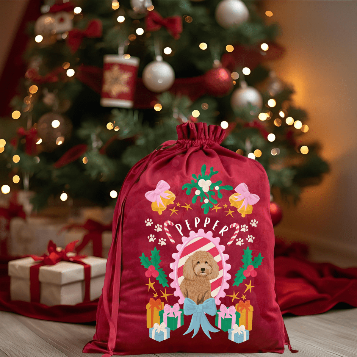 New: Printed Pet Portrait Velvet Christmas Sack Stocking - Lucy and Lola Shop