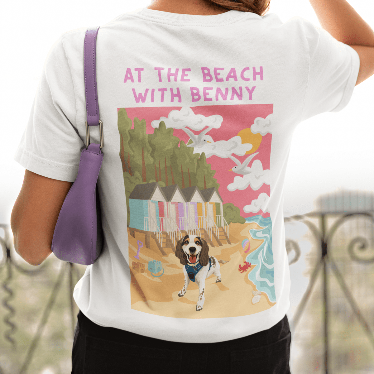 Printed Pet Portrait At the Beach Organic T-Shirt - Lucy and Lola Shop