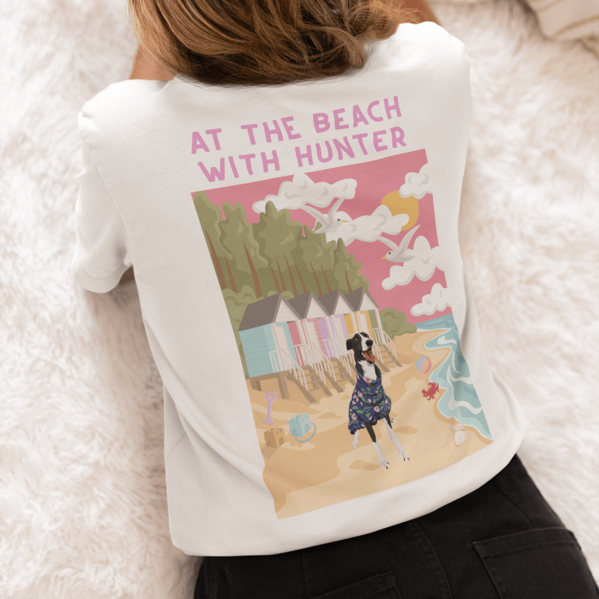 Printed Pet Portrait At the Beach Organic T-Shirt - Lucy and Lola Shop