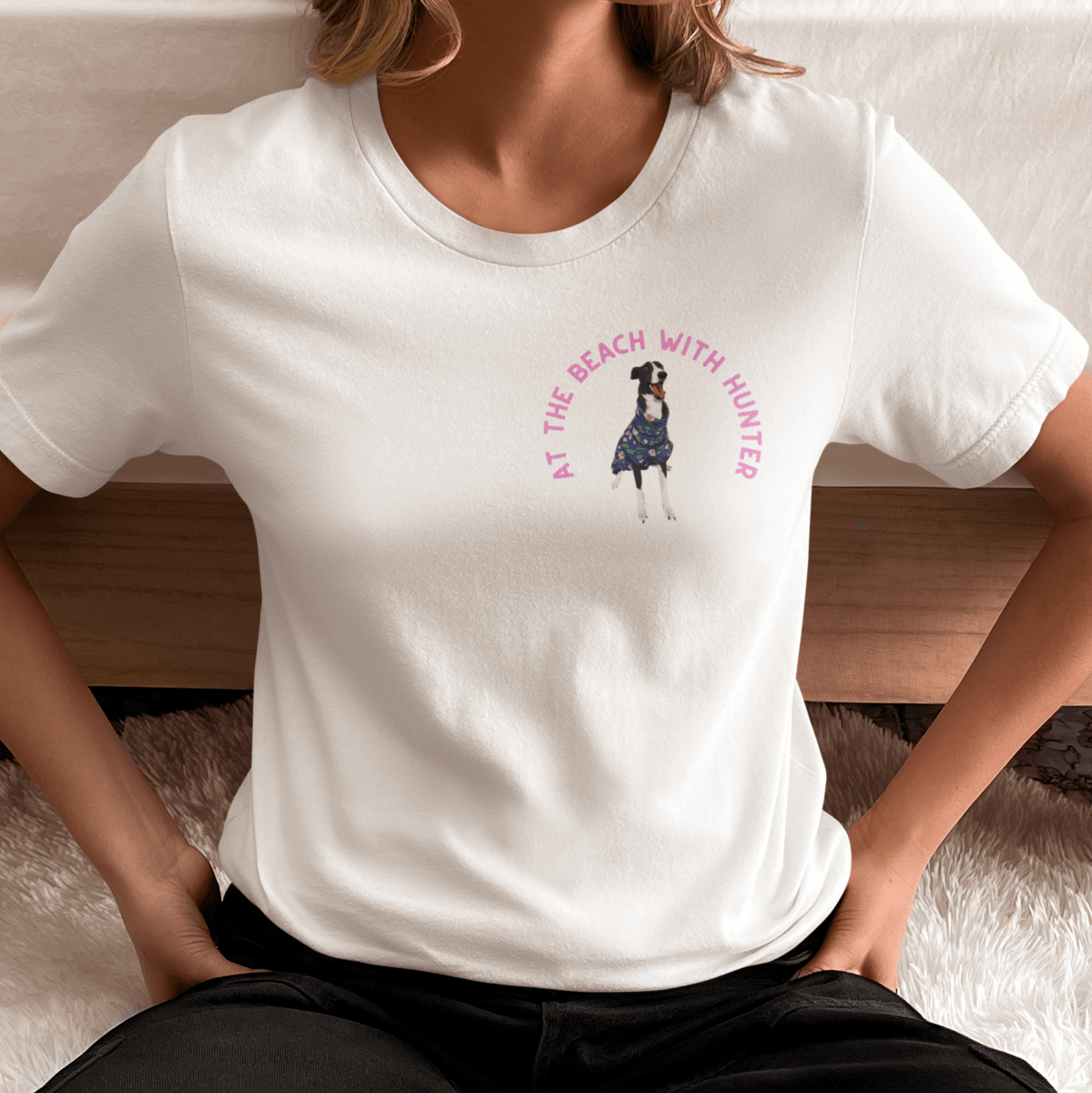 Printed Pet Portrait At the Beach Organic T-Shirt - Lucy and Lola Shop