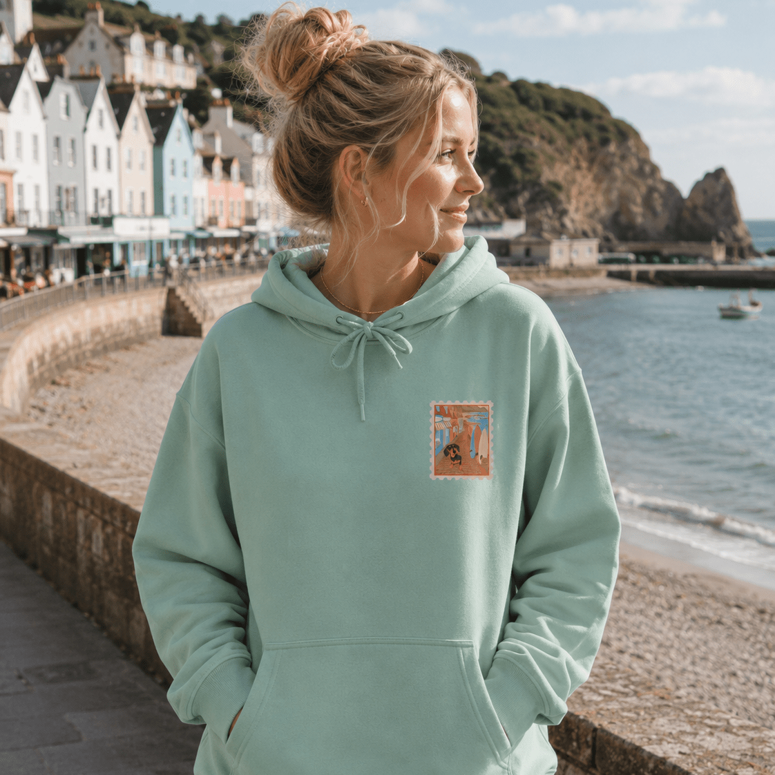 Printed Pet Portrait British Coast Stamp Hoodie - Lucy and Lola Shop