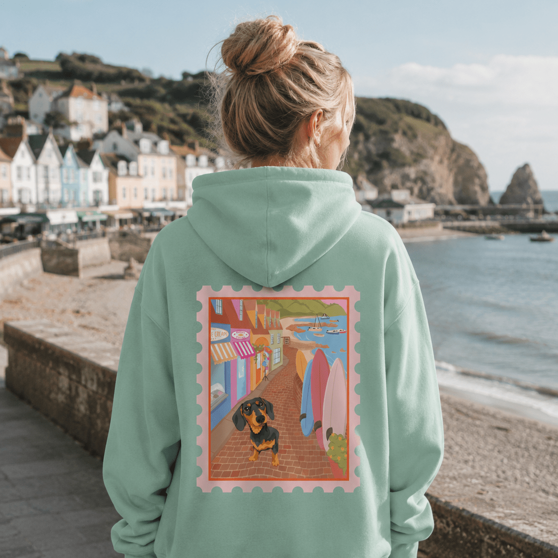 Printed Pet Portrait British Coast Stamp Hoodie - Lucy and Lola Shop