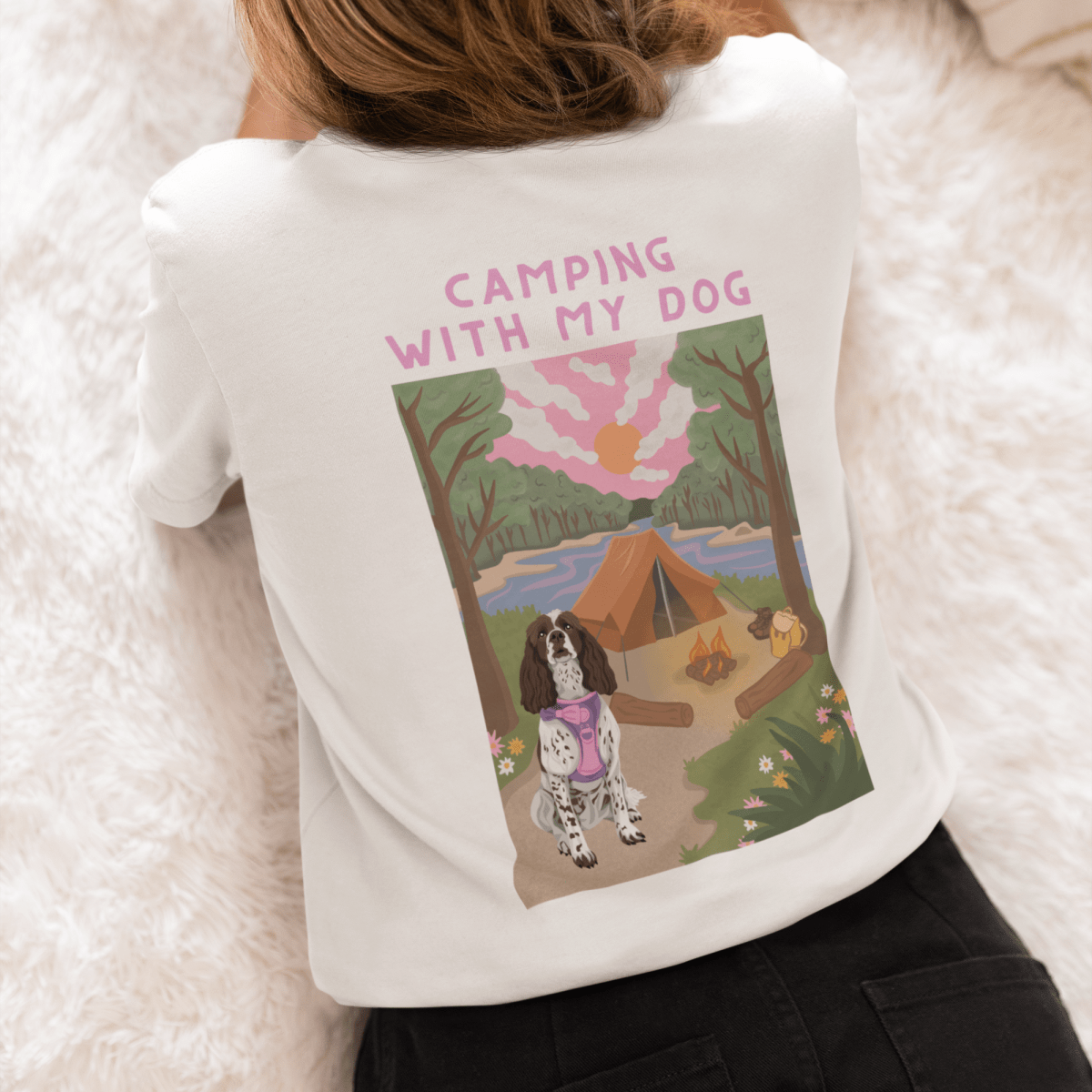 Printed Pet Portrait Camping with My Dog Organic T-Shirt - Lucy and Lola Shop